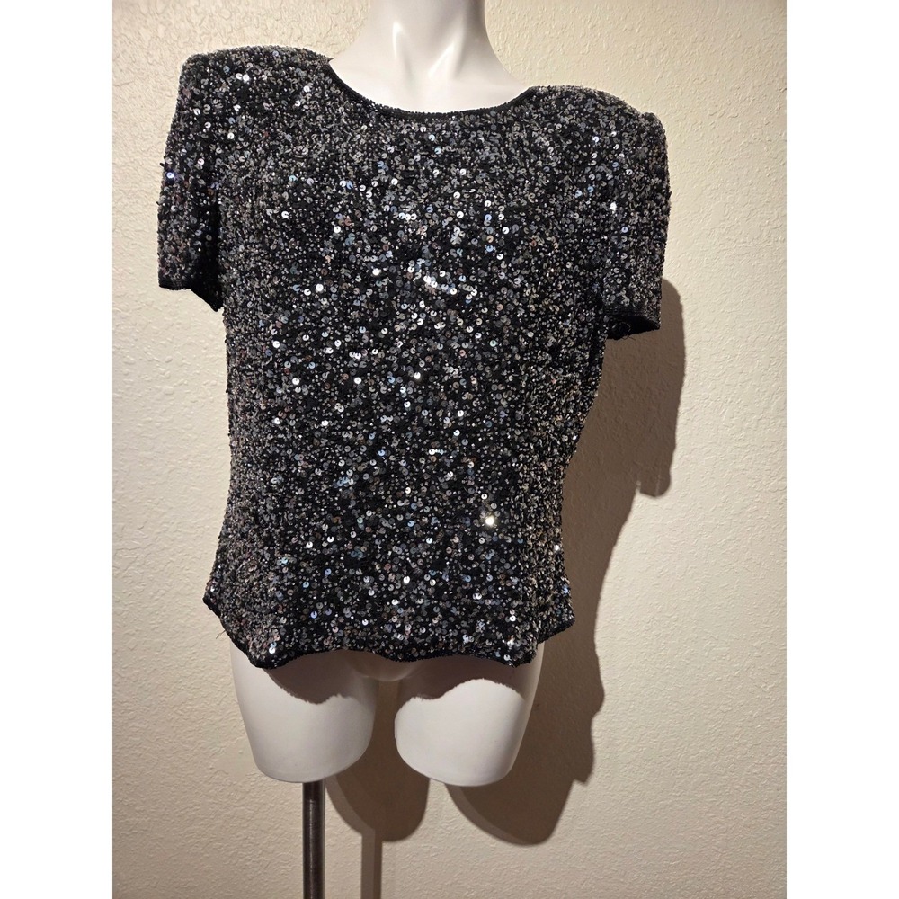 NiteLine Della Roufogali Womens Large Black Sequin Silk Short Sleeve Evening Top